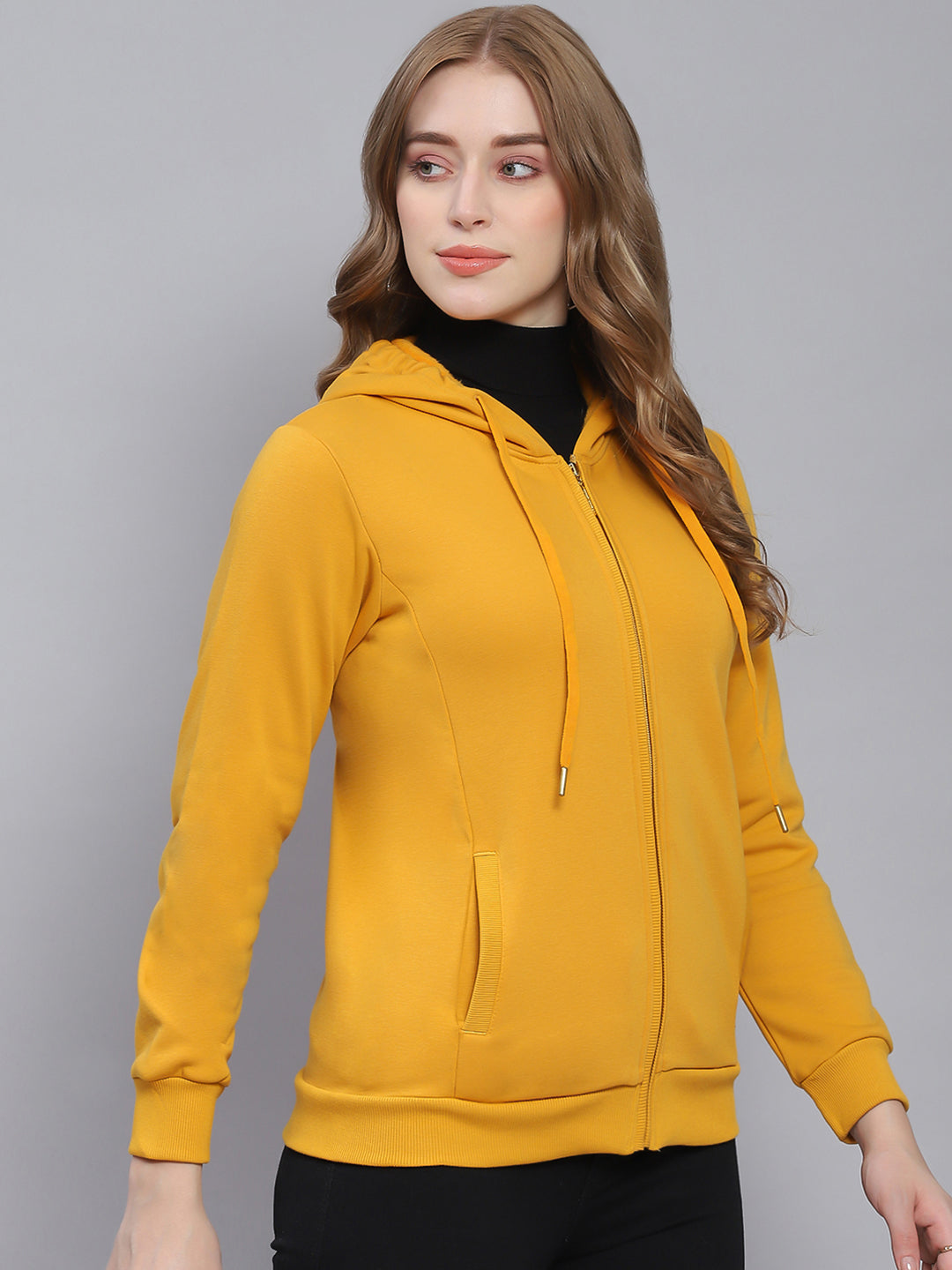 Women Yellow Solid Hooded Full Sleeve Sweatshirts