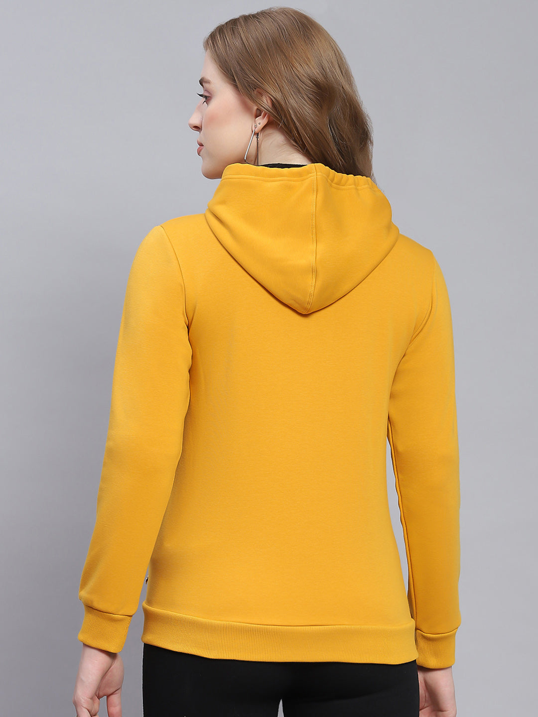 Women Yellow Solid Hooded Full Sleeve Sweatshirts