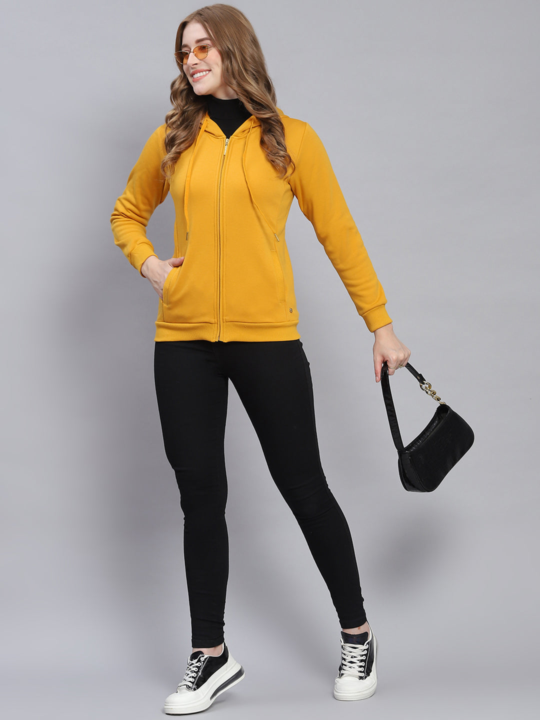 Women Yellow Solid Hooded Full Sleeve Sweatshirts