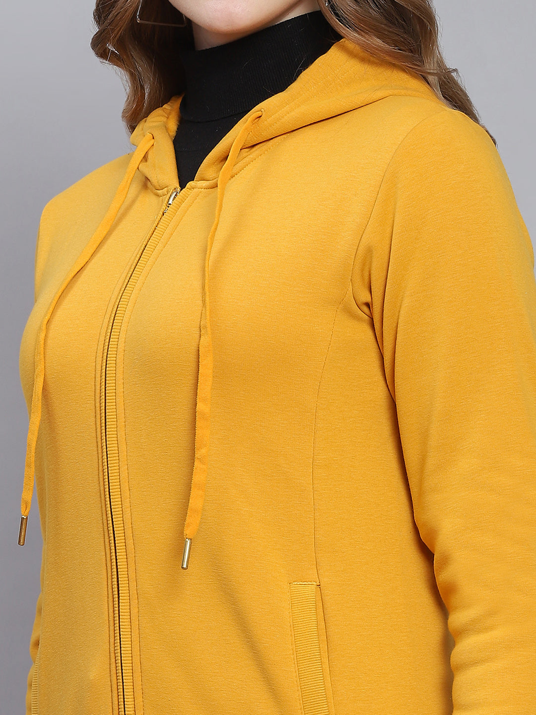 Women Yellow Solid Hooded Full Sleeve Sweatshirts