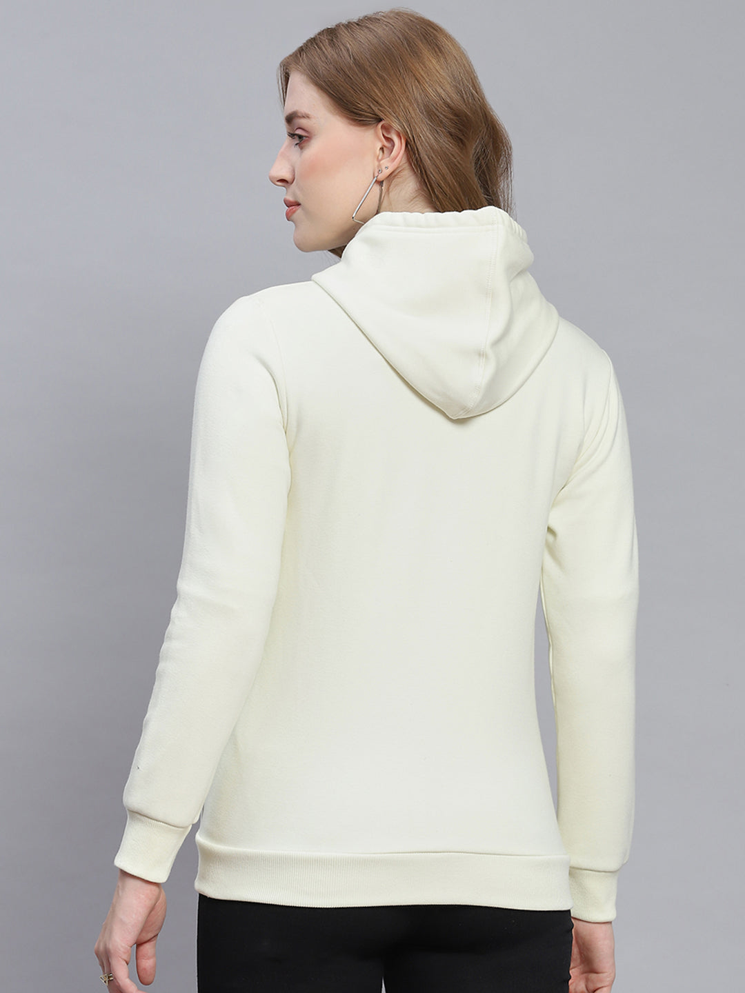 Women Cream Solid Hooded Full Sleeve Sweatshirts