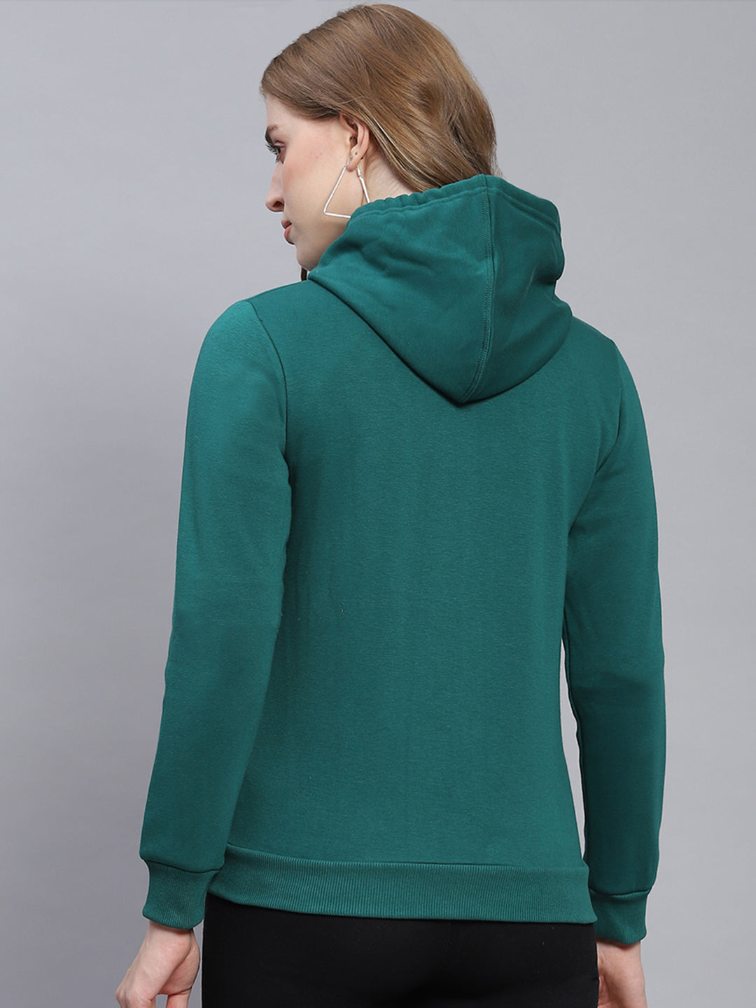 Women Green Solid Hooded Full Sleeve Sweatshirts