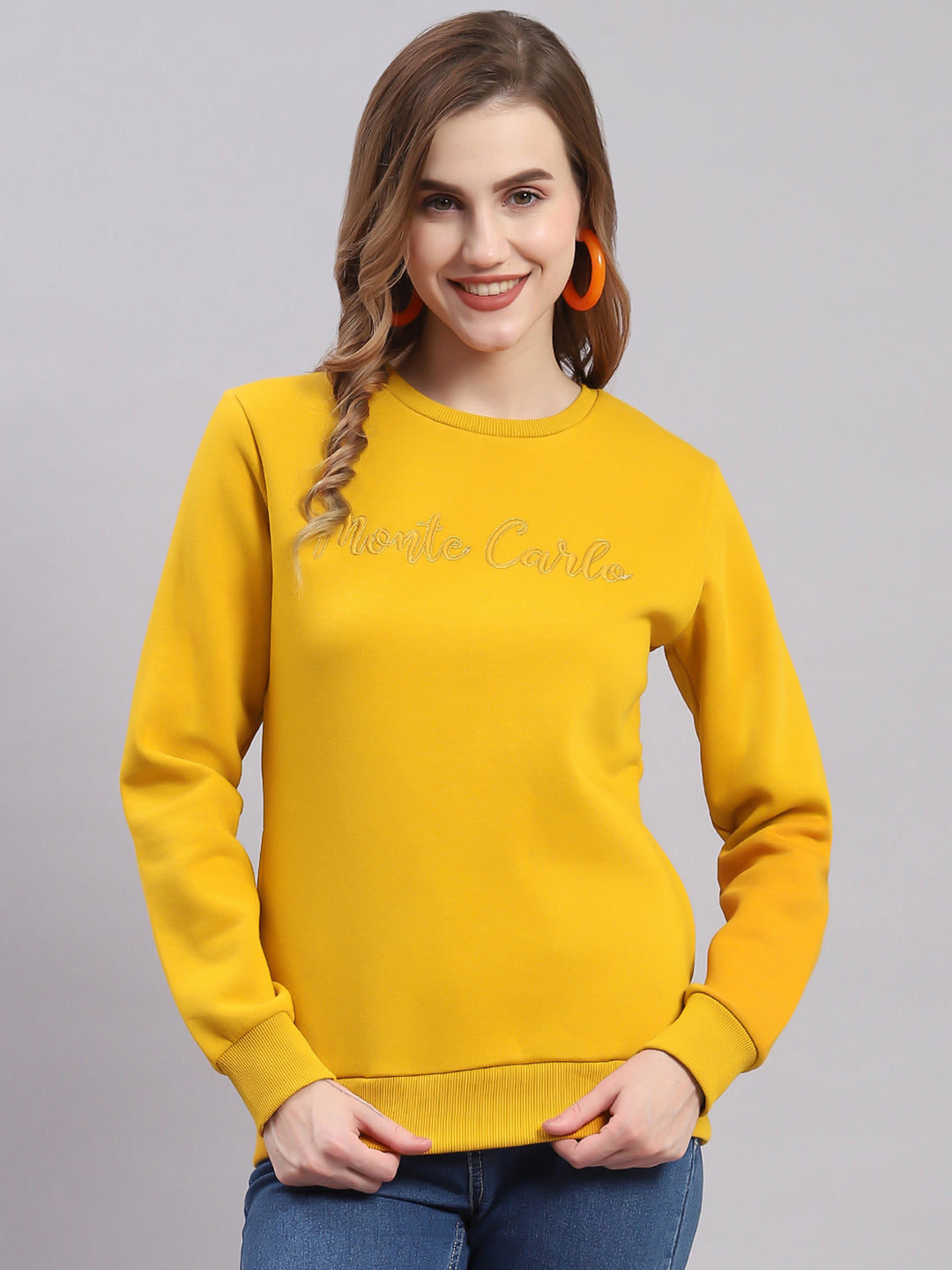 Women Mustard Embroidered Round Neck Full Sleeve Sweatshirts