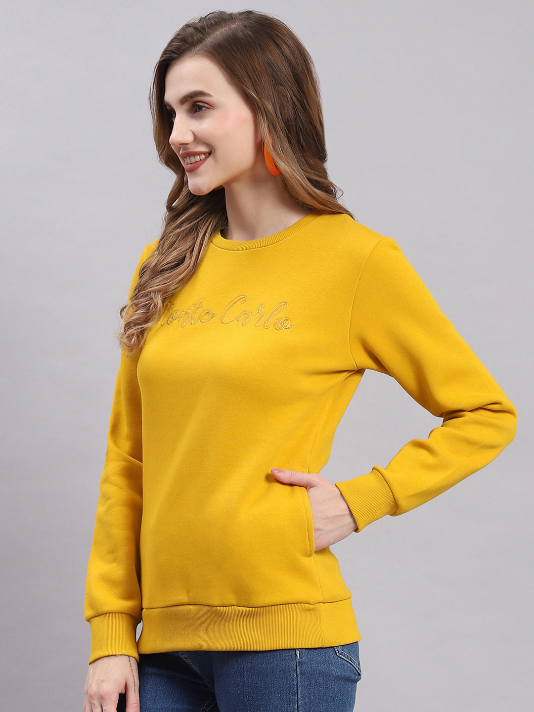 Women Mustard Embroidered Round Neck Full Sleeve Sweatshirts