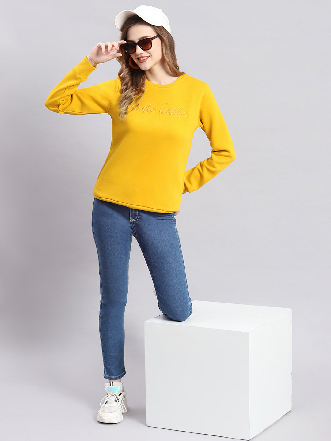 Women Mustard Embroidered Round Neck Full Sleeve Sweatshirts
