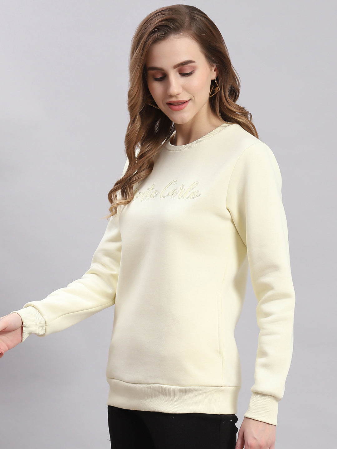 Women Cream Embroidered Round Neck Full Sleeve Sweatshirts