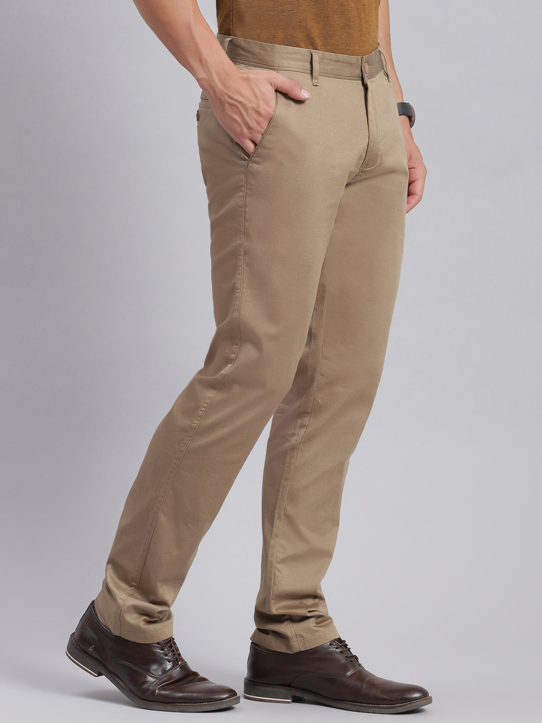 Men Khaki Solid Regular Fit Trousers