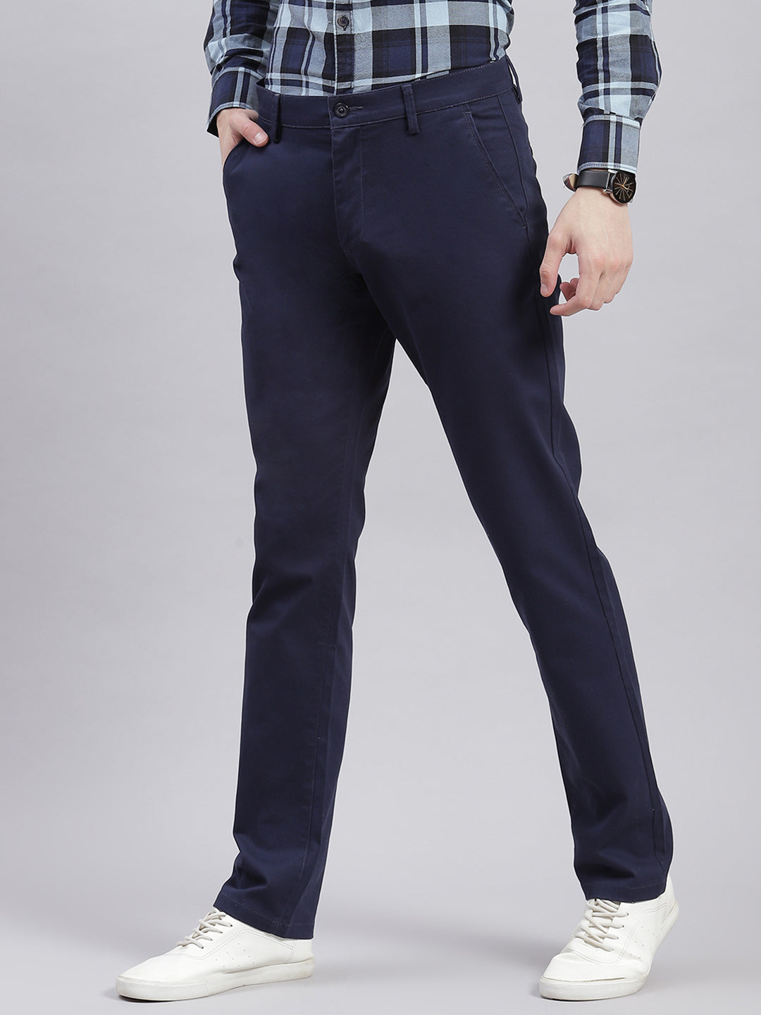Men Navy Blue Solid Regular Fit Trousers