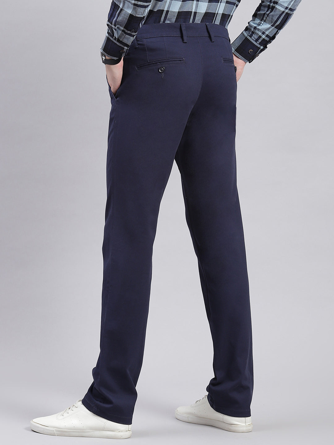 Men Navy Blue Solid Regular Fit Trousers