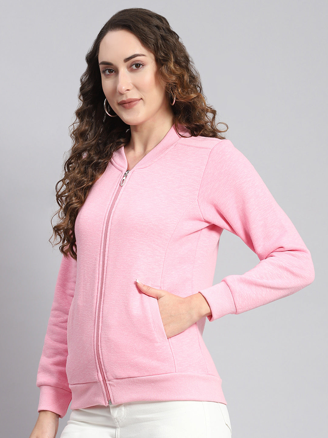 Women Pink Solid Mandarin Collar Full Sleeve Sweatshirts
