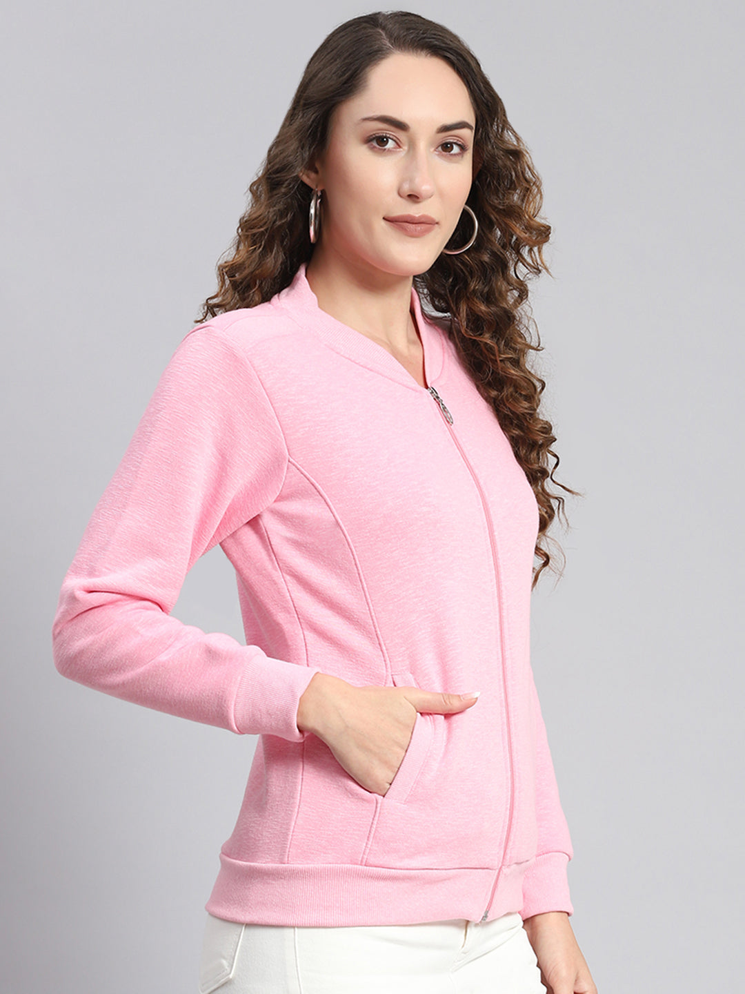 Women Pink Solid Mandarin Collar Full Sleeve Sweatshirts