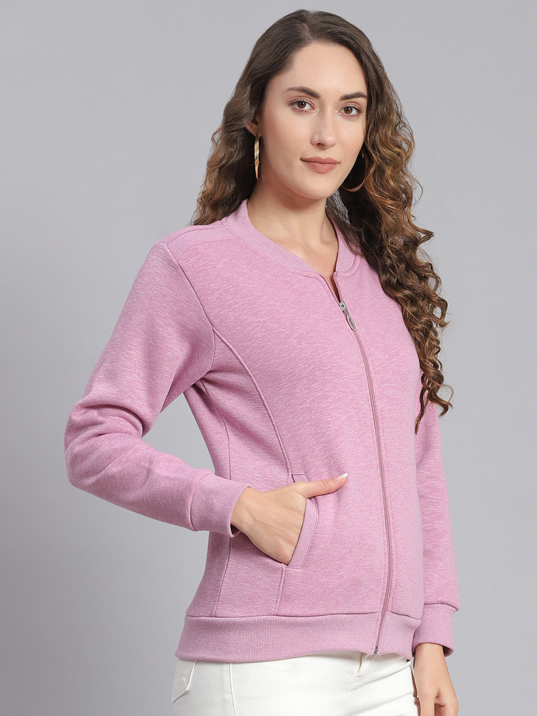Women Purple Solid Mandarin Collar Full Sleeve Sweatshirts