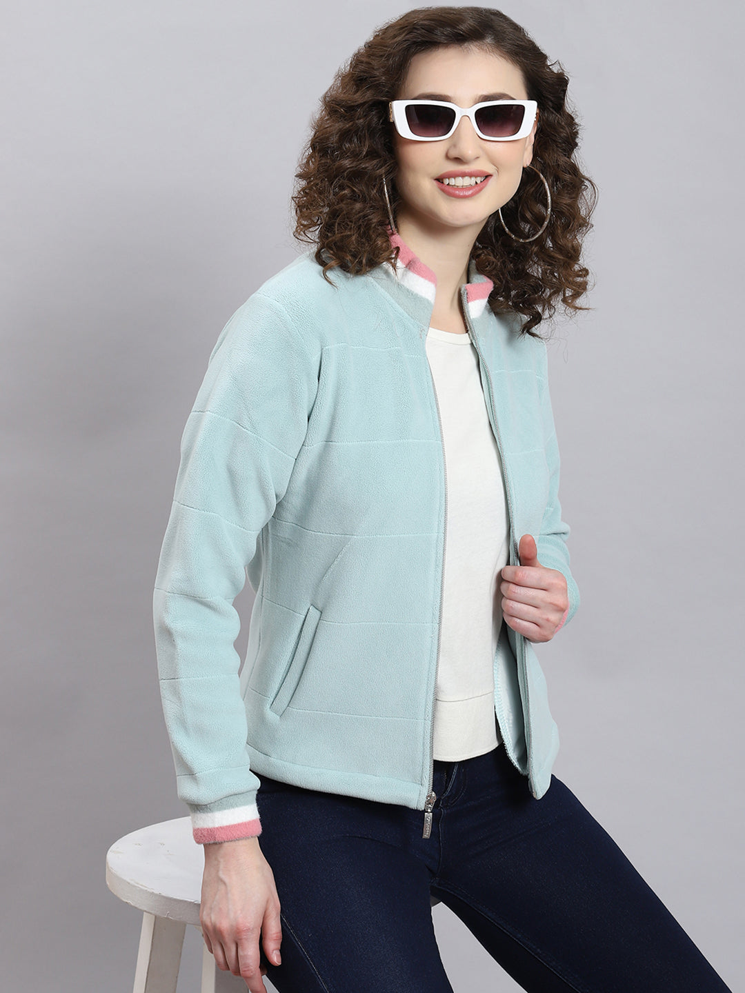 Women Aqua Blue Solid Stand Collar Full Sleeve Sweatshirt