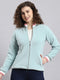 Women Aqua Blue Solid Stand Collar Full Sleeve Sweatshirt