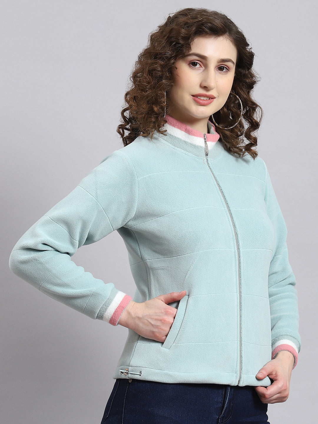 Women Aqua Blue Solid Stand Collar Full Sleeve Sweatshirt