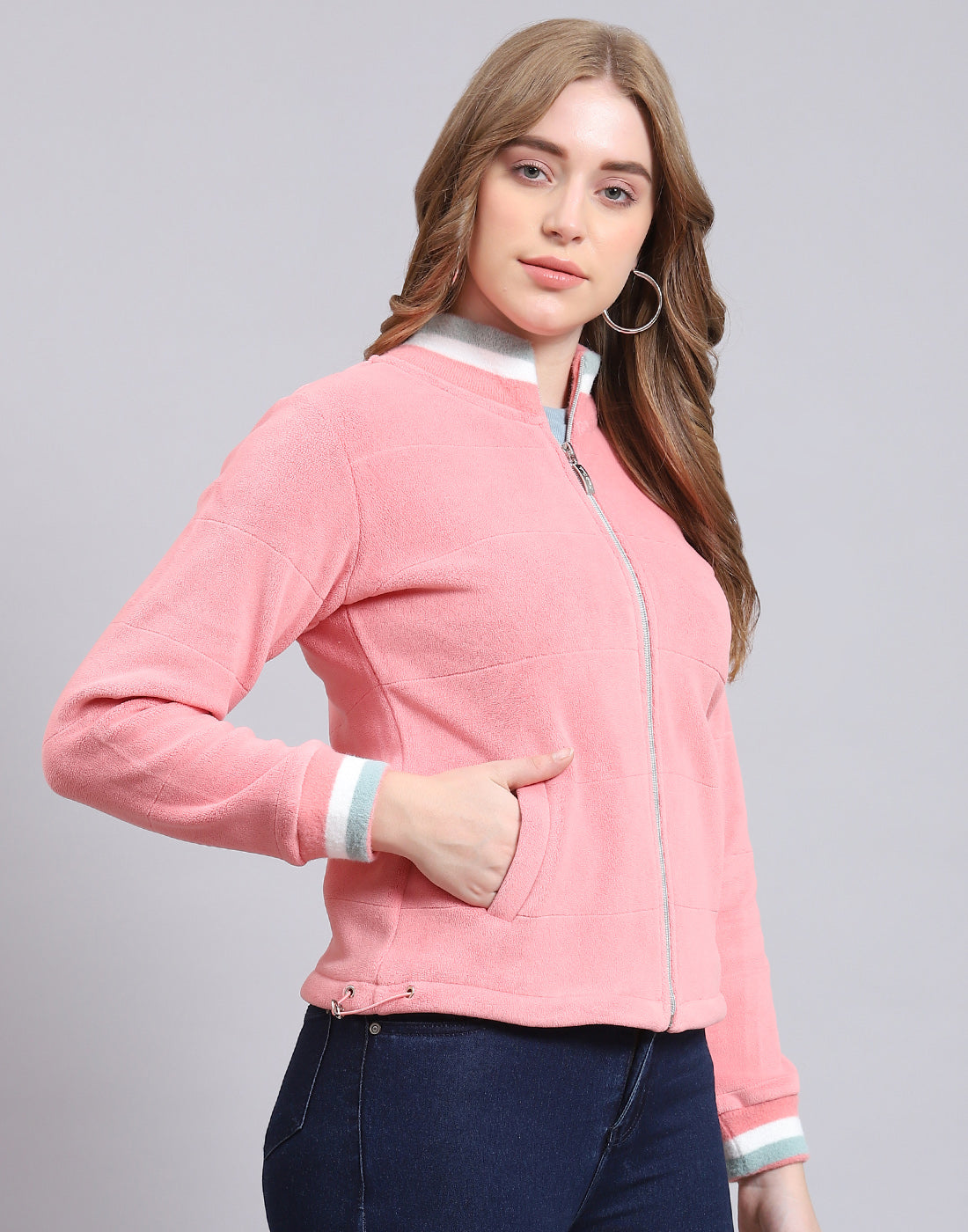 Women Pink Solid Stand Collar Full Sleeve Sweatshirt