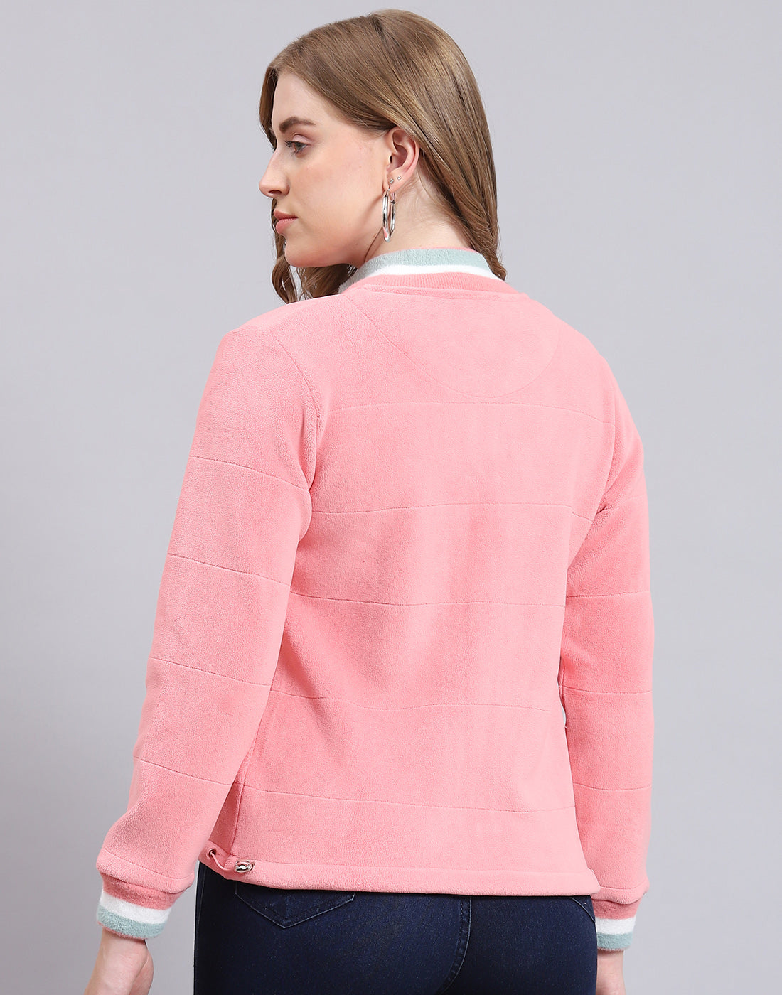 Women Pink Solid Stand Collar Full Sleeve Sweatshirt