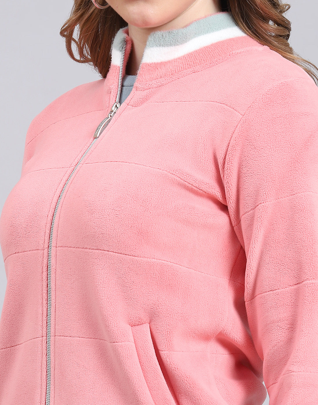 Women Pink Solid Stand Collar Full Sleeve Sweatshirt