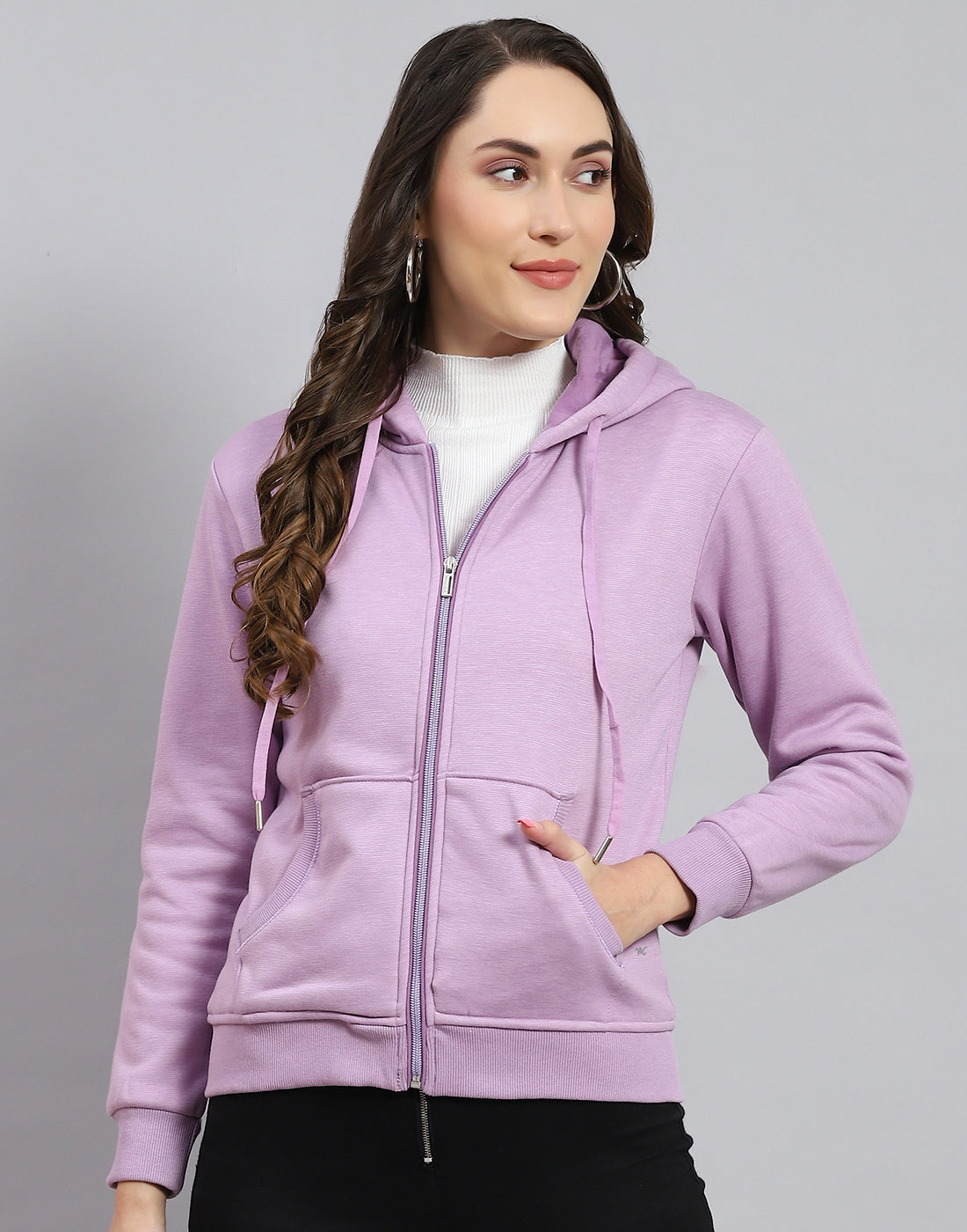 Women Purple Solid Hooded Full Sleeve Sweatshirt