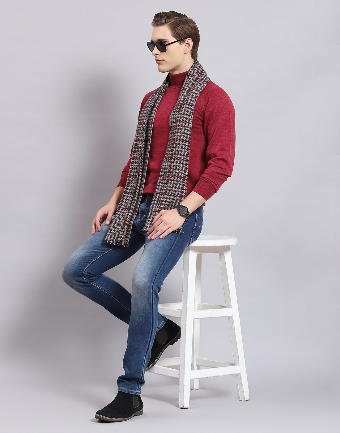 Men Teal Blue Check Muffler