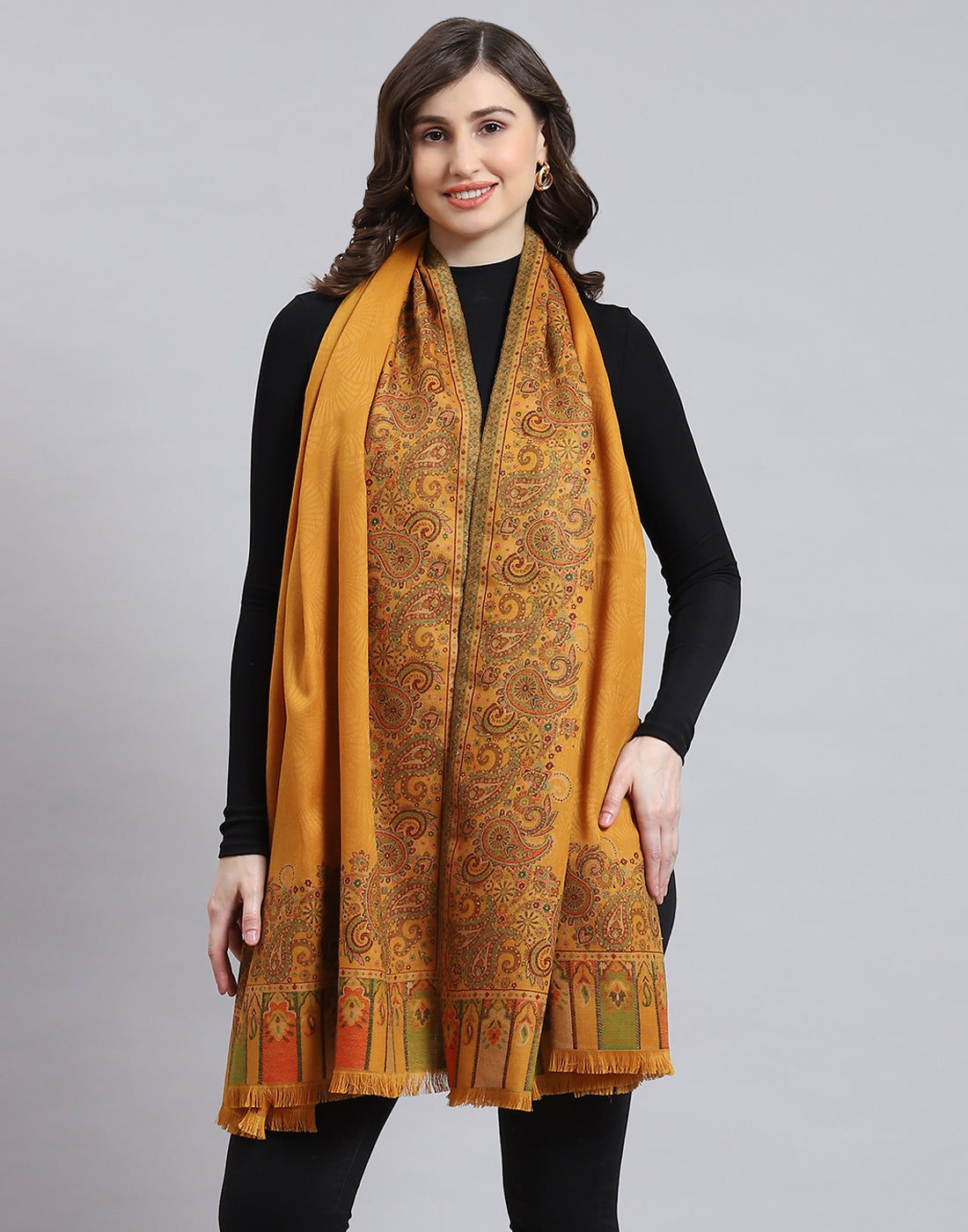 Women Mustard Self Design Shawl