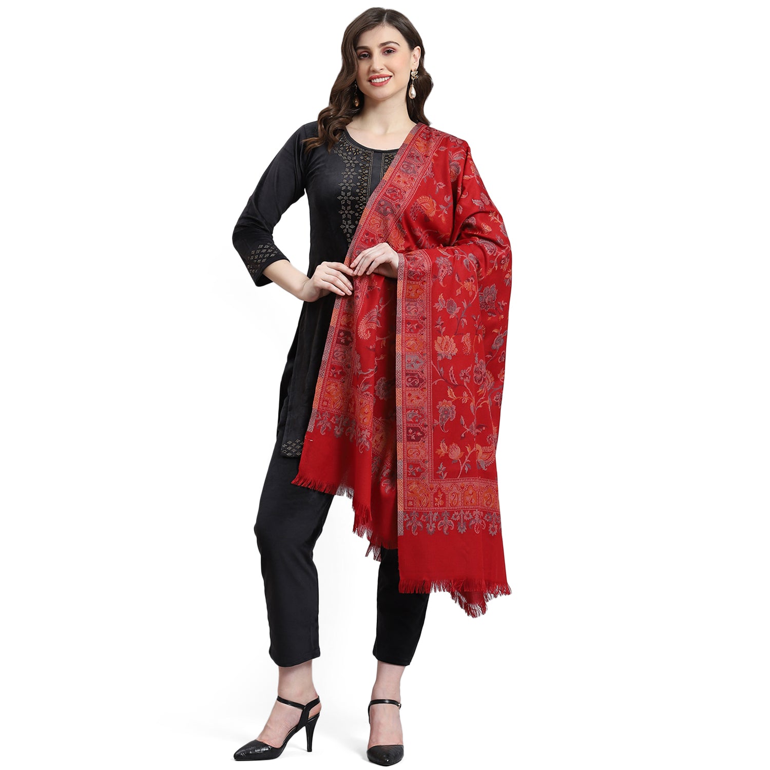 Women Red Self Design Shawl