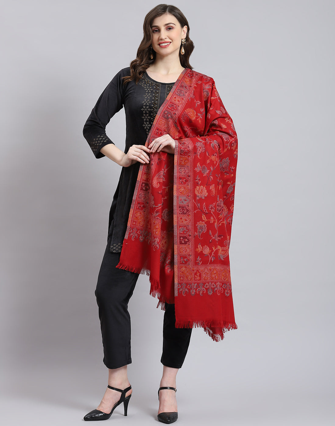Women Red Self Design Shawl
