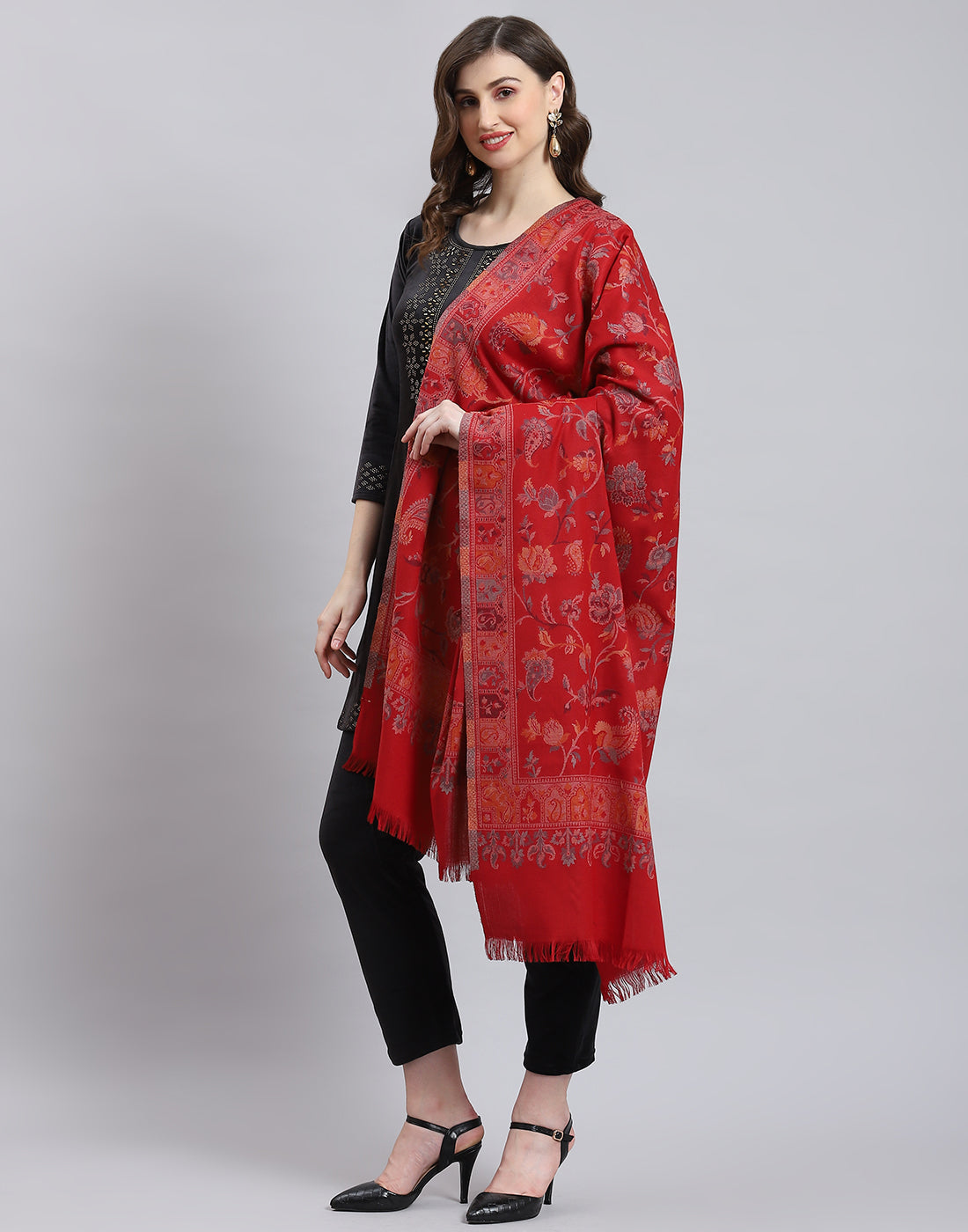 Women Red Self Design Shawl