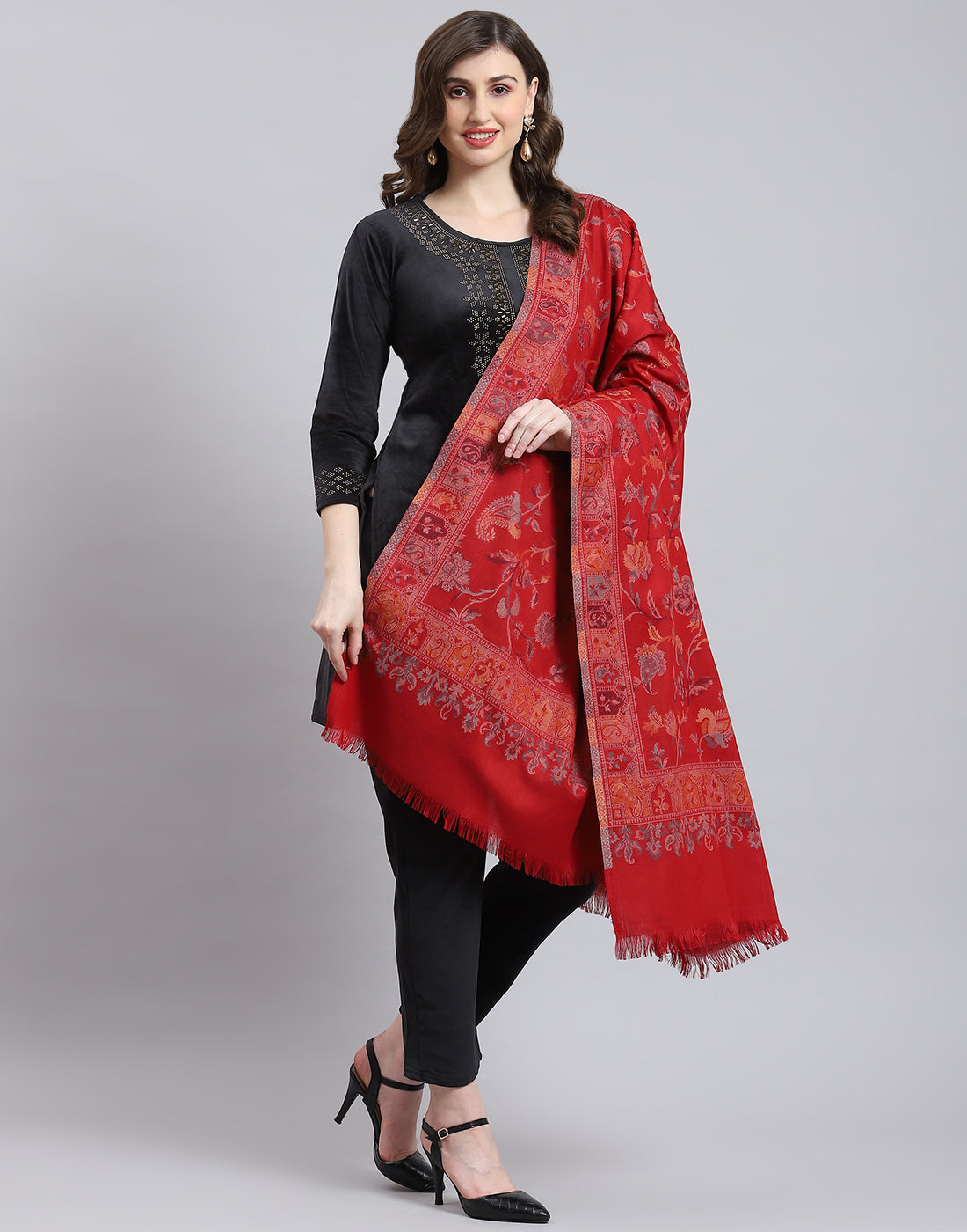 Women Red Self Design Shawl