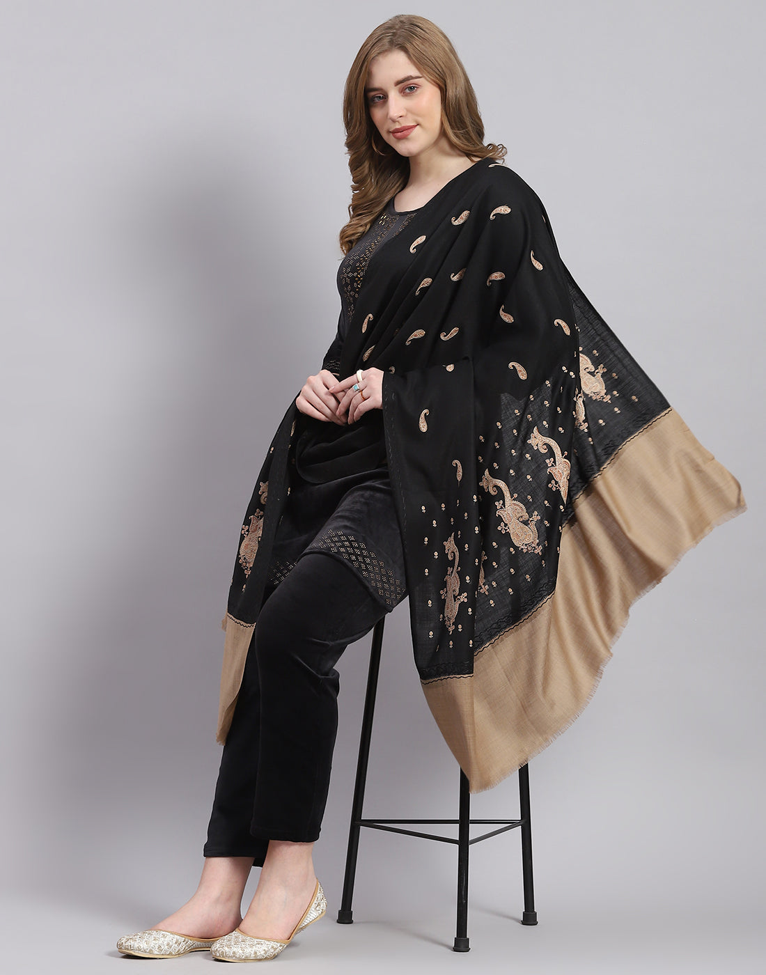 Women Black Self Design Shawl