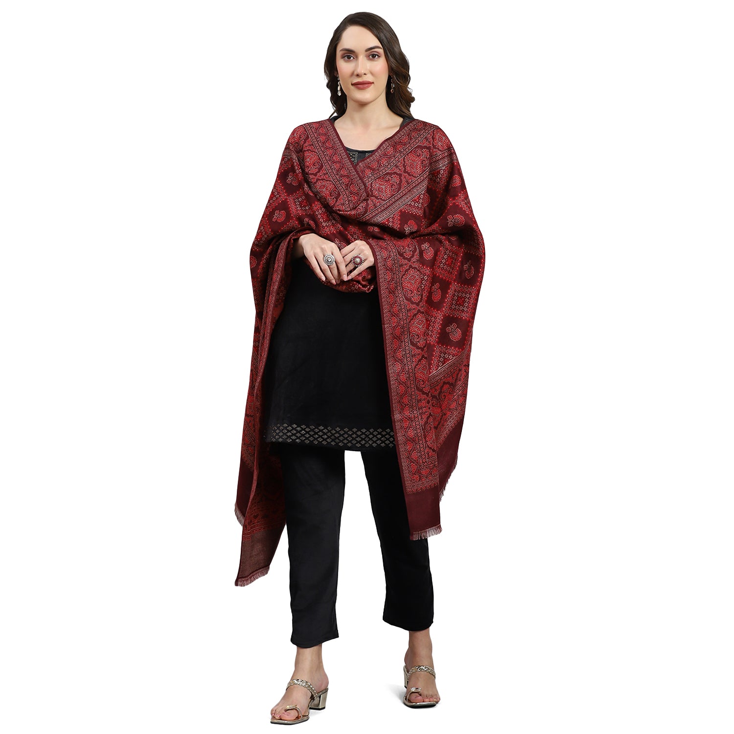 Women Maroon Self Design Shawl