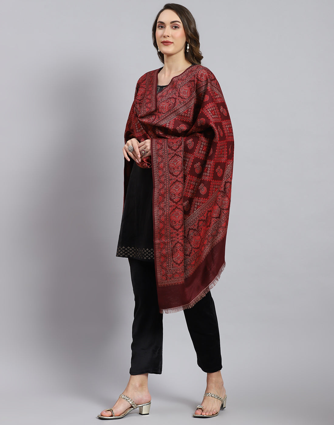 Women Maroon Self Design Shawl