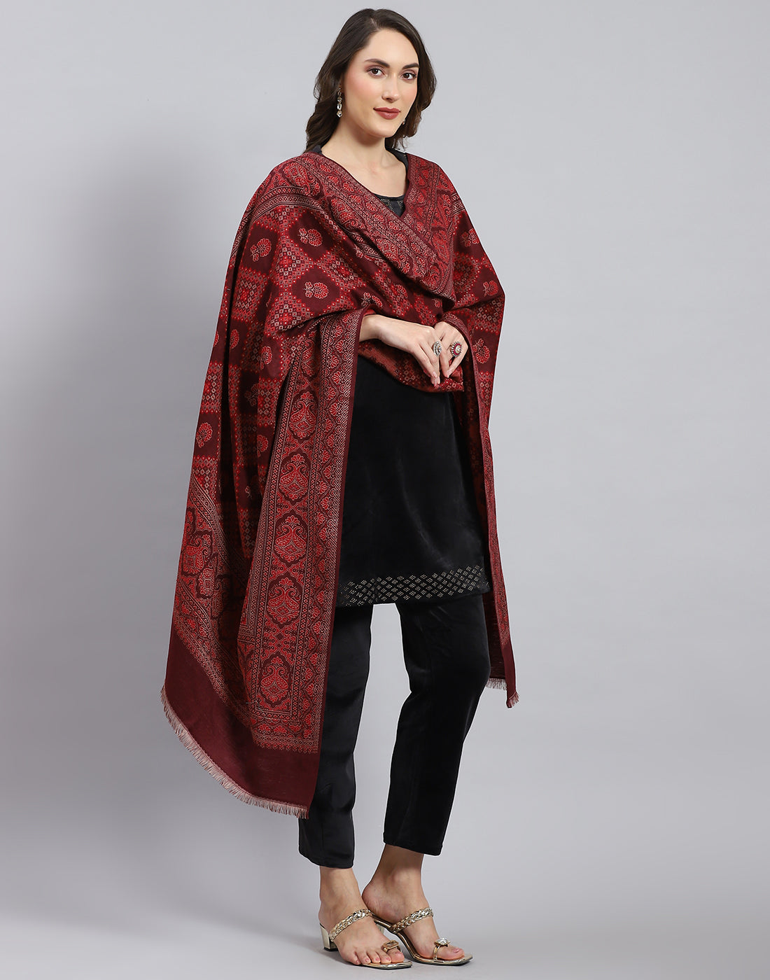 Women Maroon Self Design Shawl