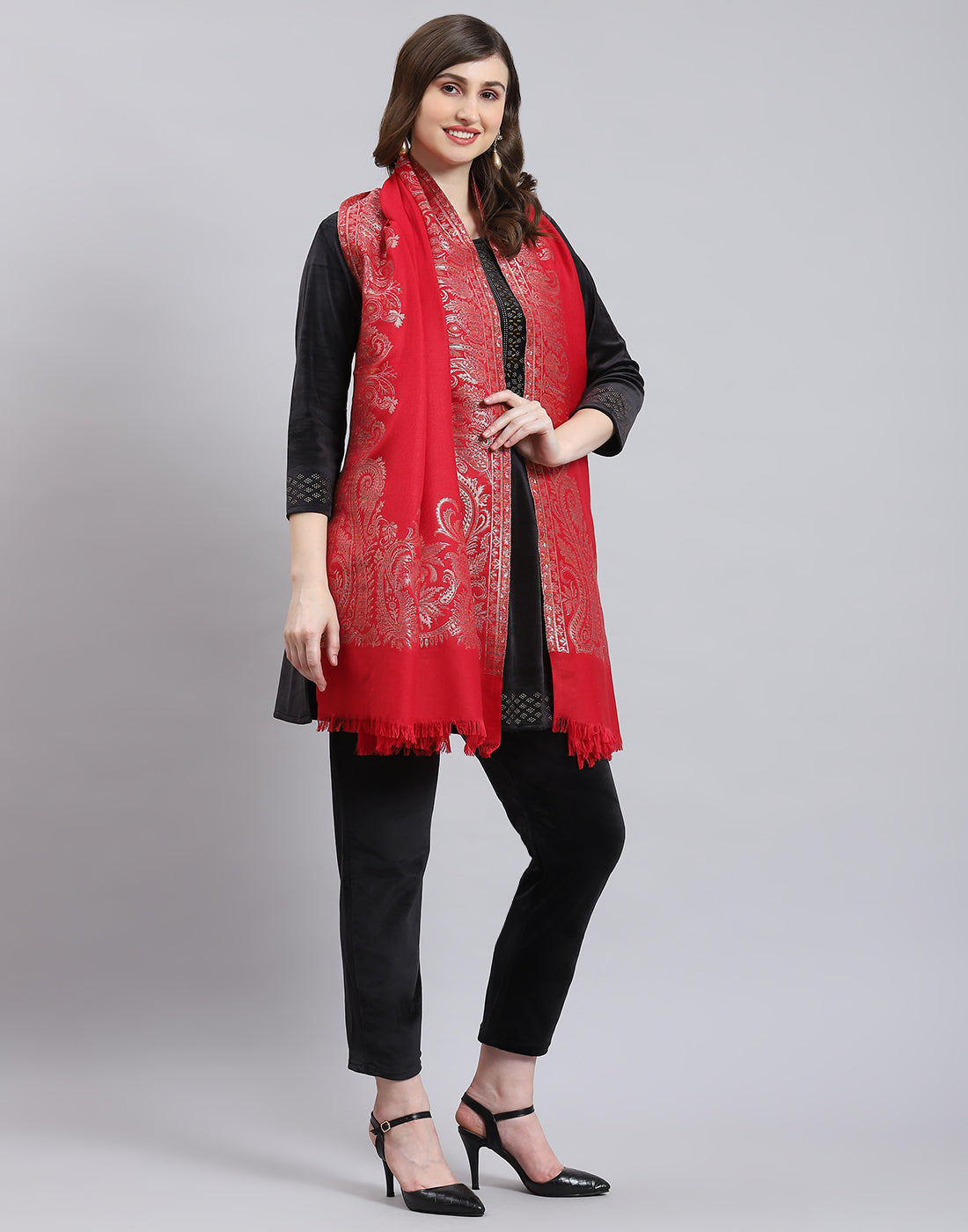 Women Red Self Design Shawl