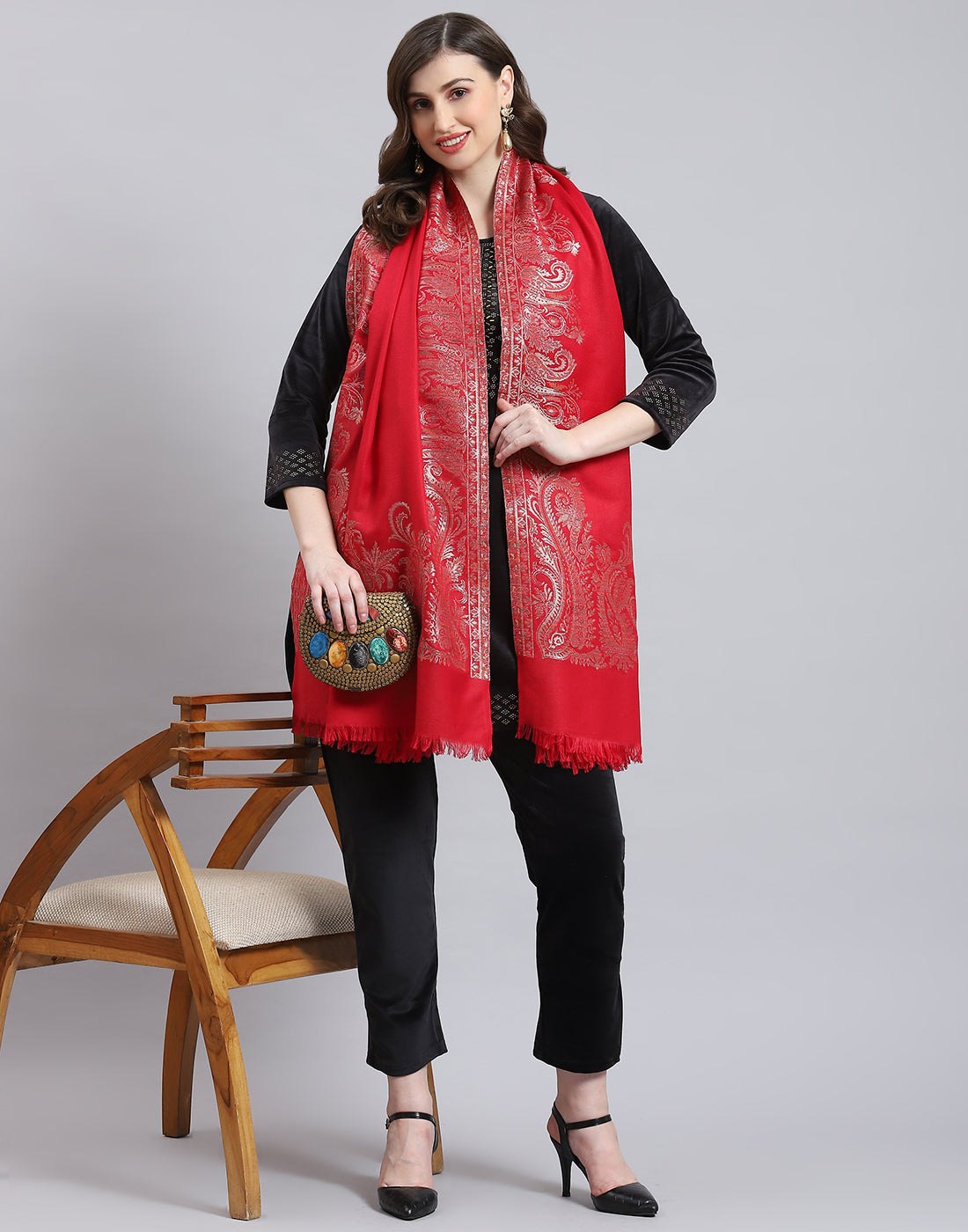 Women Red Self Design Shawl