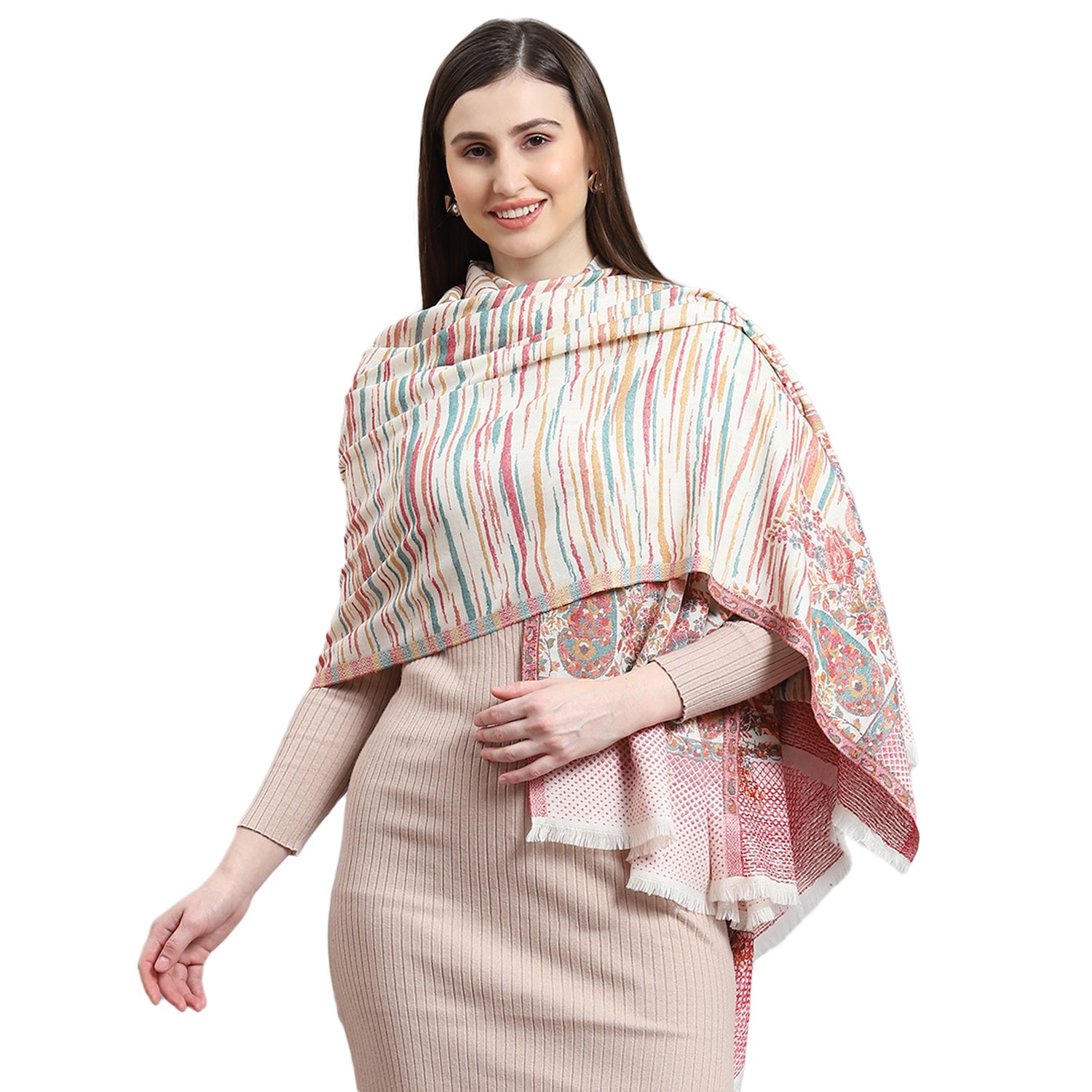 Women Off White Self Design Shawl