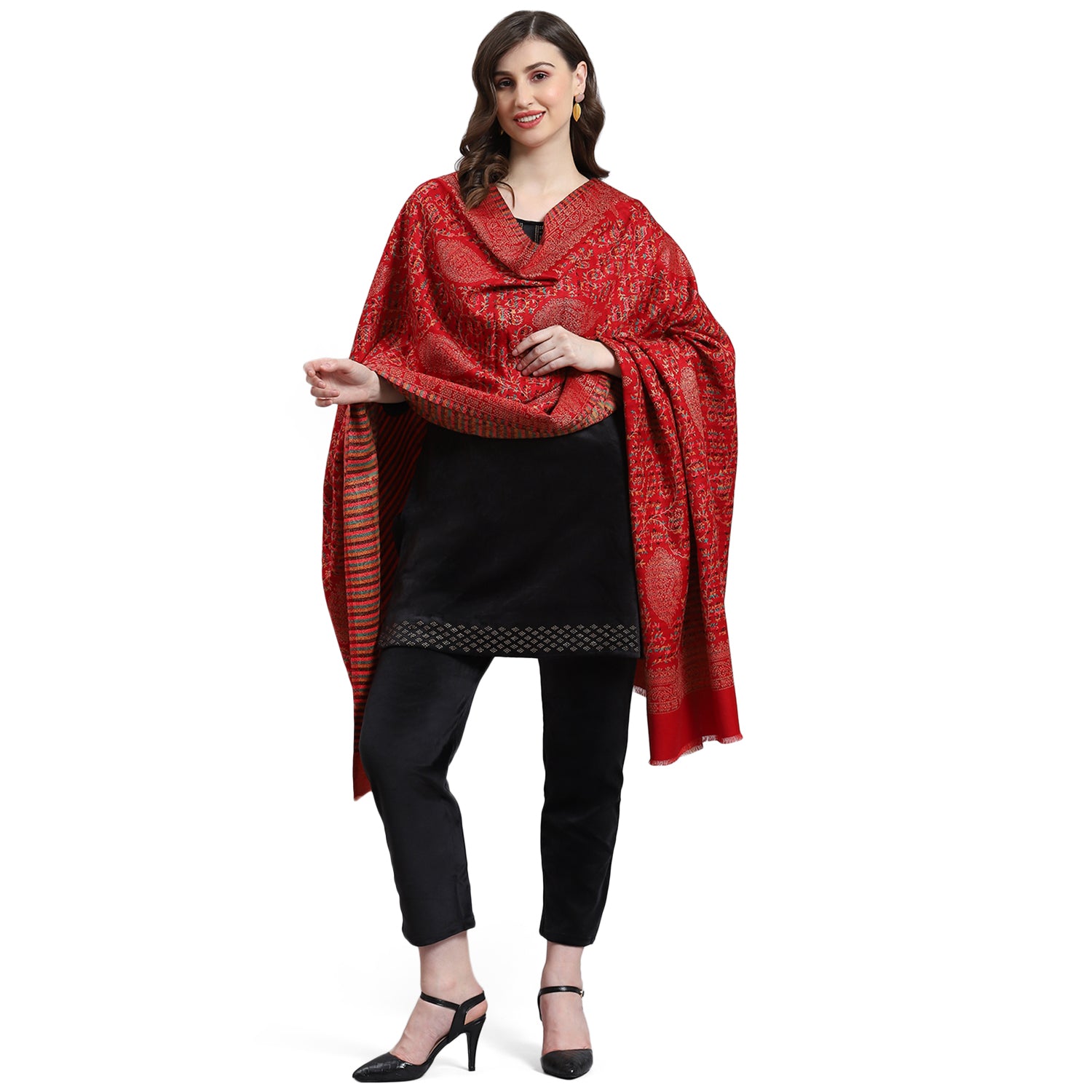 Women Red Self Design Shawl