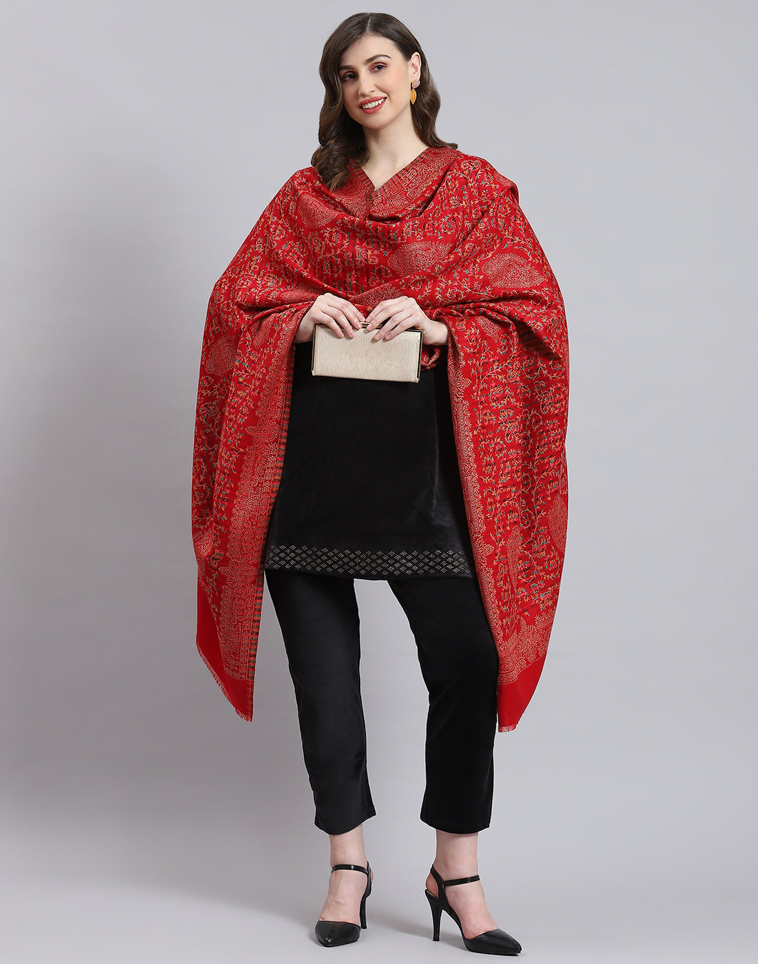 Women Red Self Design Shawl