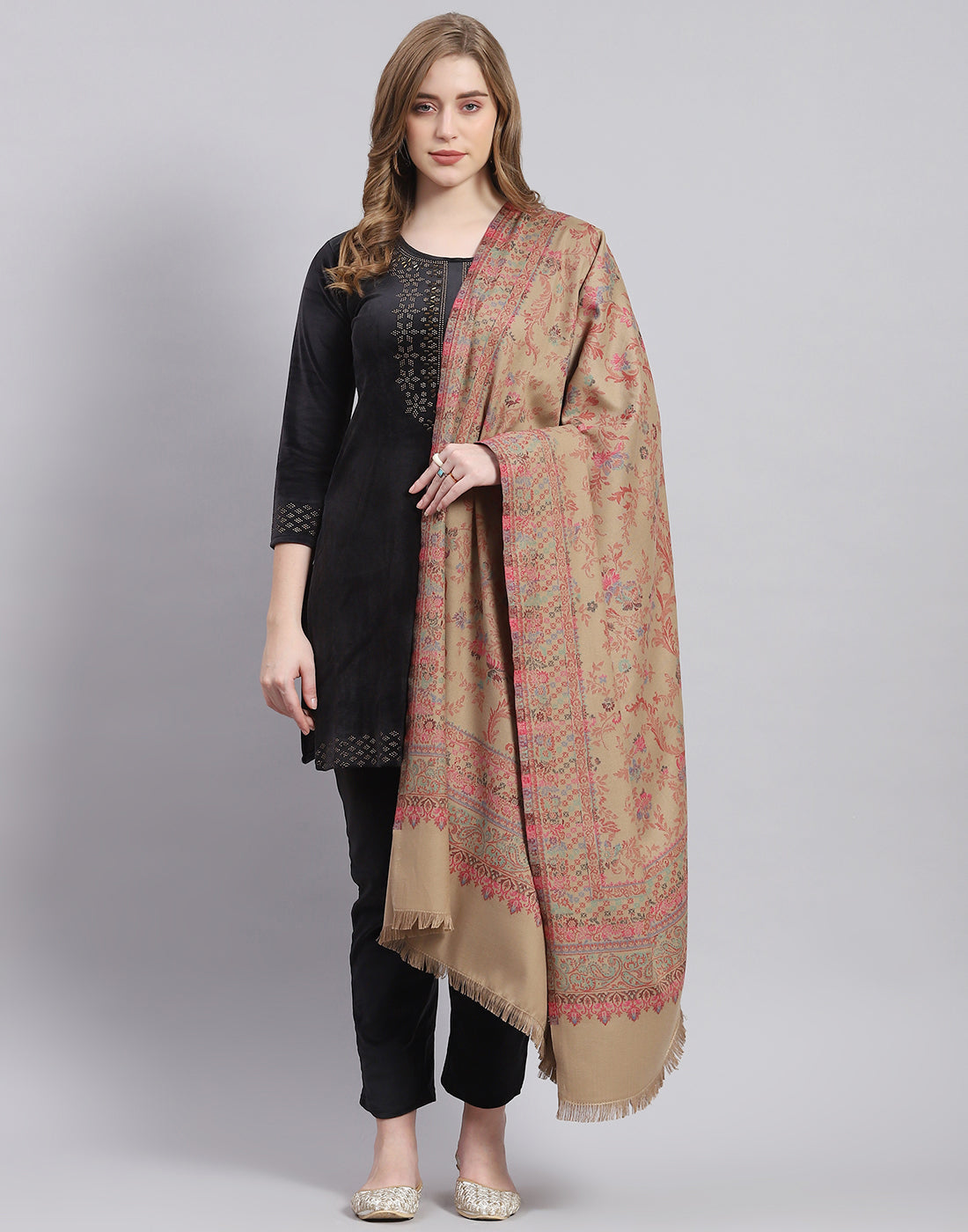 Women Khaki Self Design Shawl