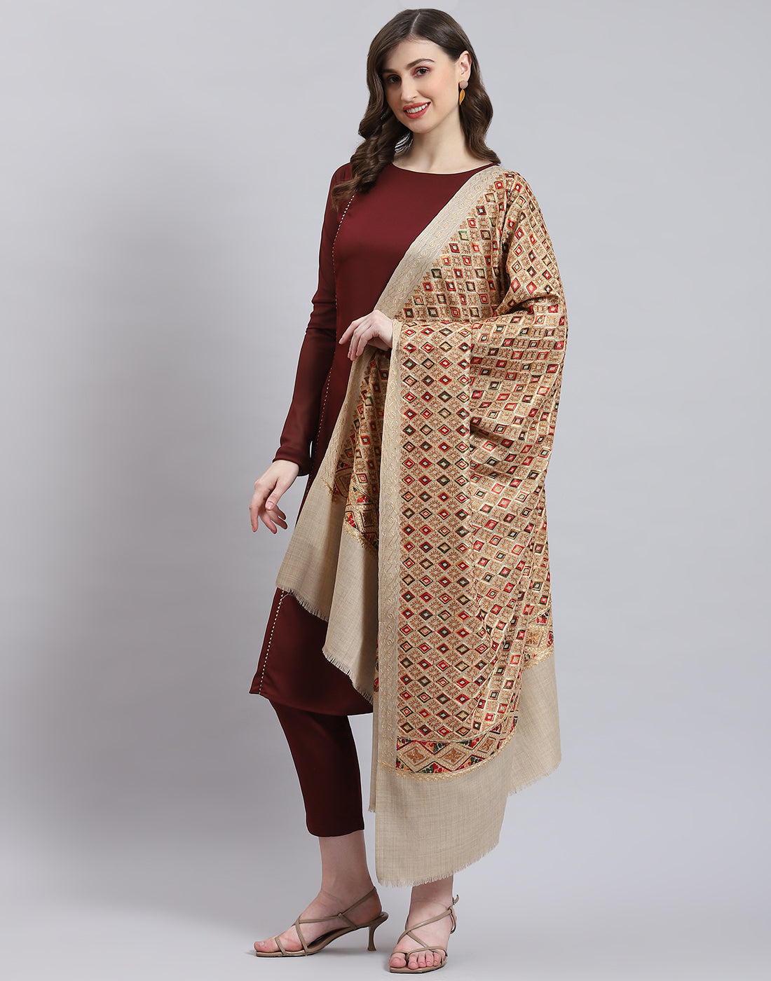 Women Beige Self Design Shawl