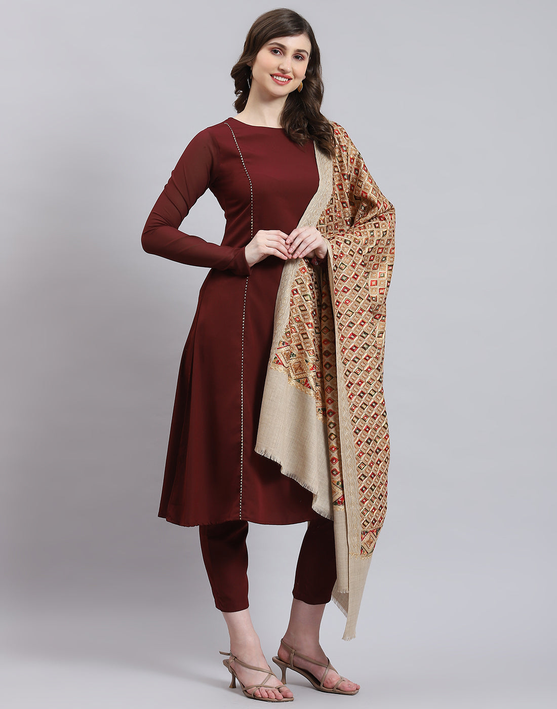 Women Beige Self Design Shawl