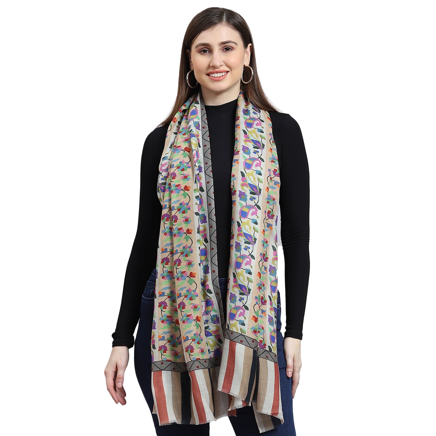 Women White Self Design Shawl