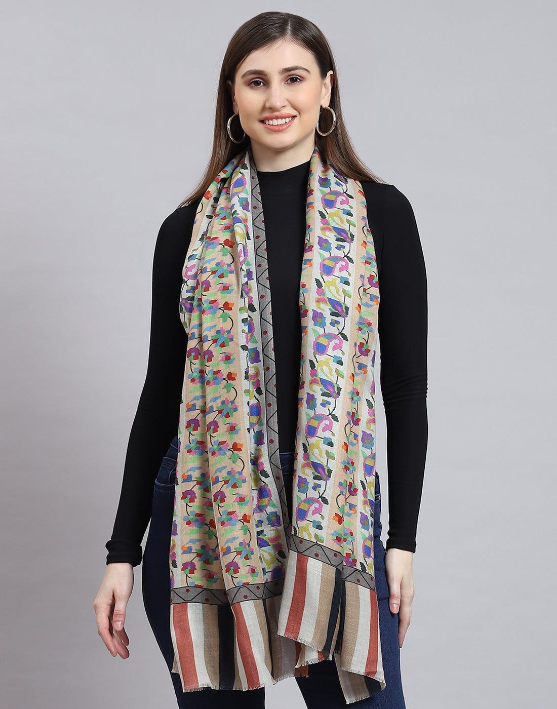 Women White Self Design Shawl