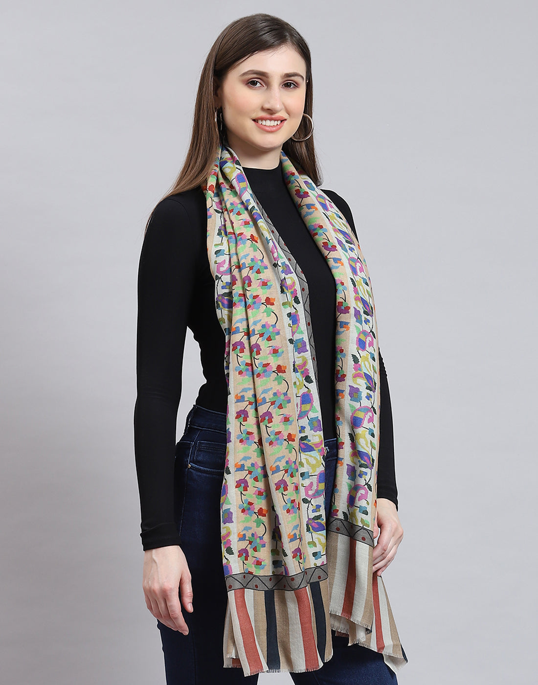 Women White Self Design Shawl