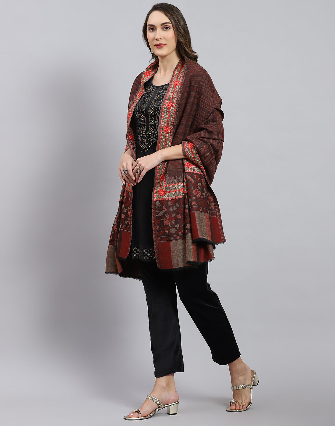 Women Brown Self Design Shawl