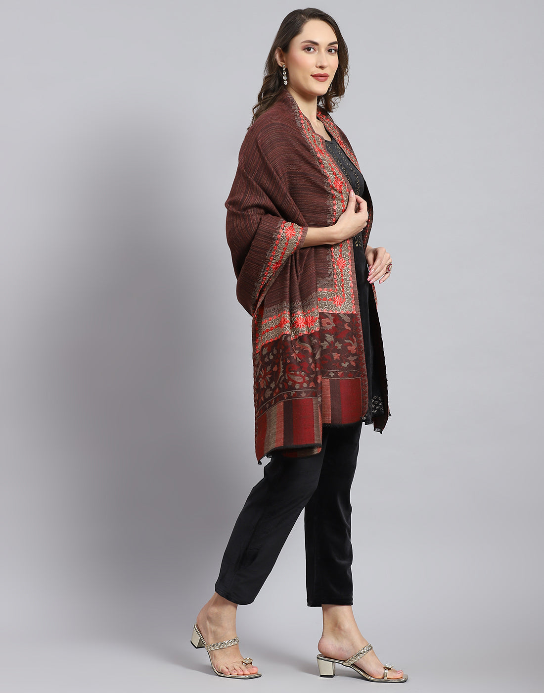 Women Brown Self Design Shawl