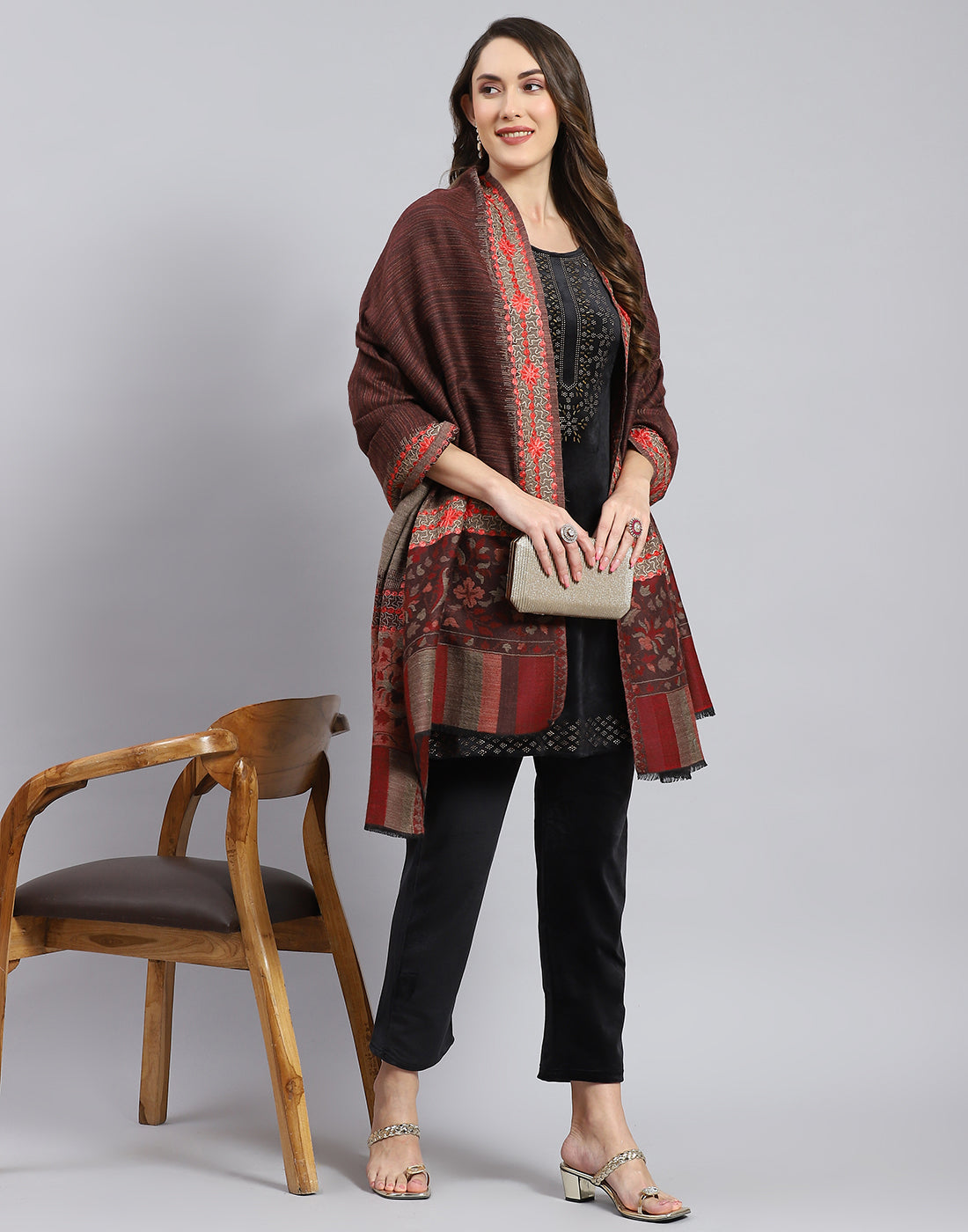 Women Brown Self Design Shawl