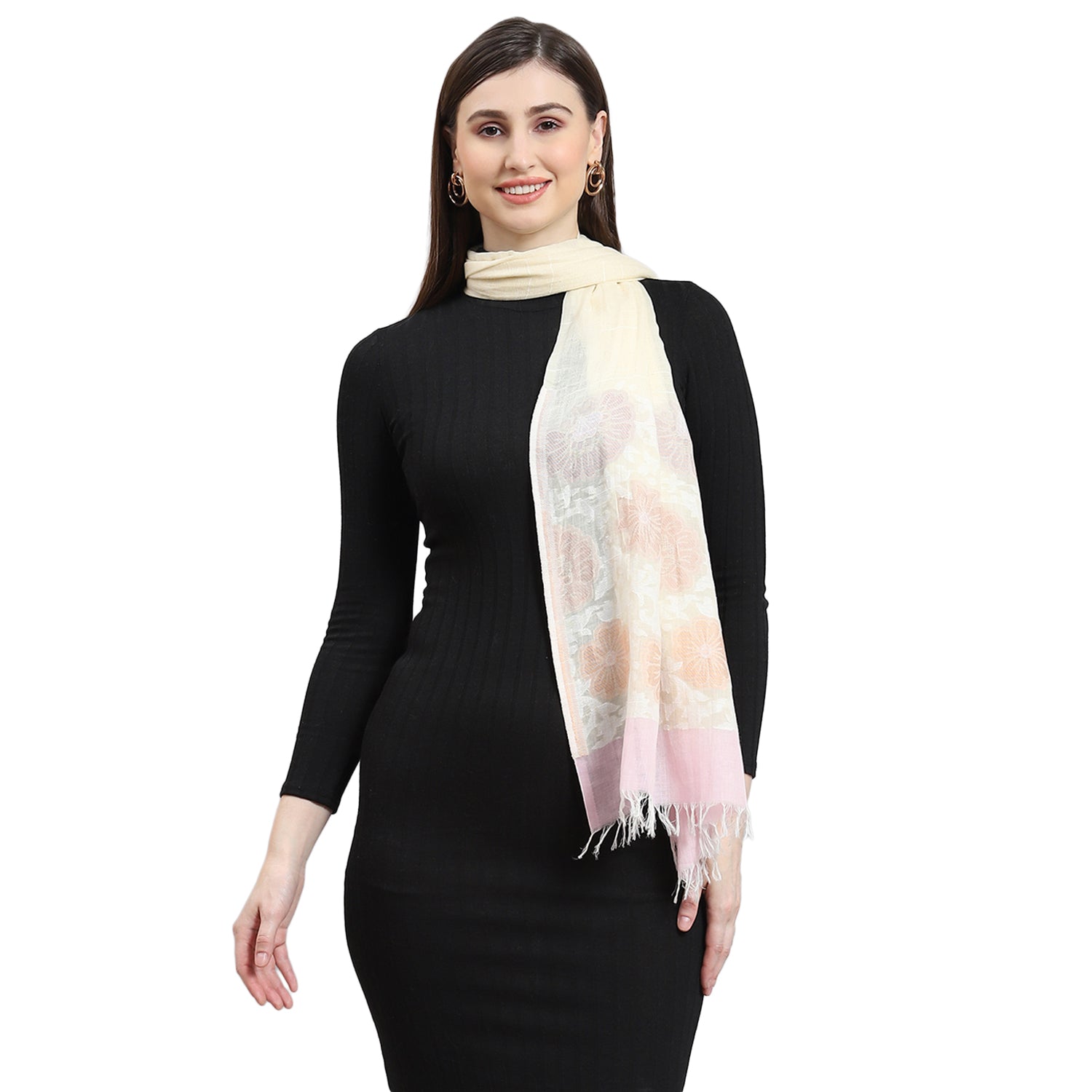 Women Cream Self Design Stole