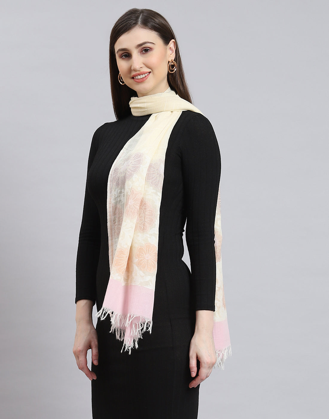 Women Cream Self Design Stole