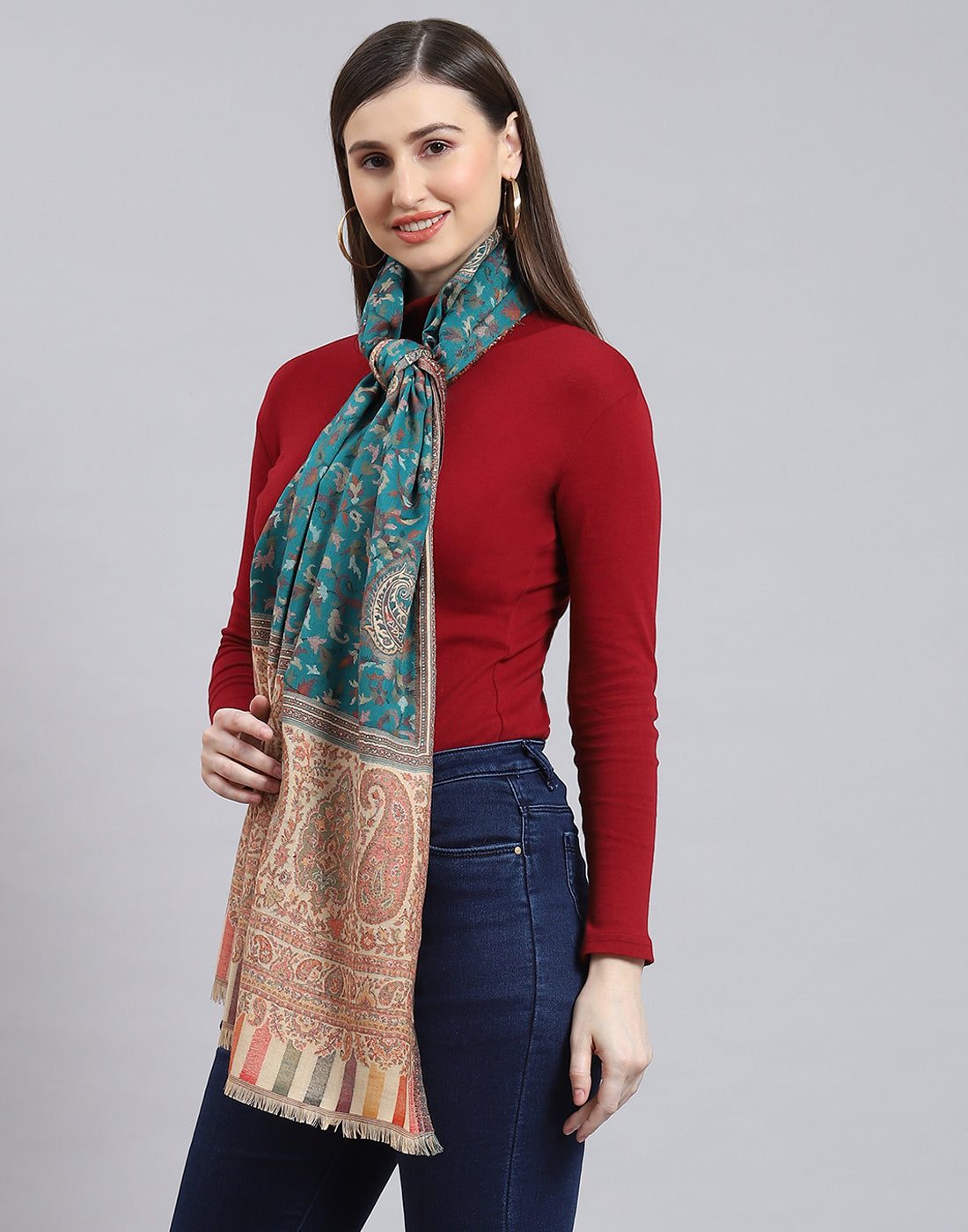 Women Turquoise Blue Self Design Stole